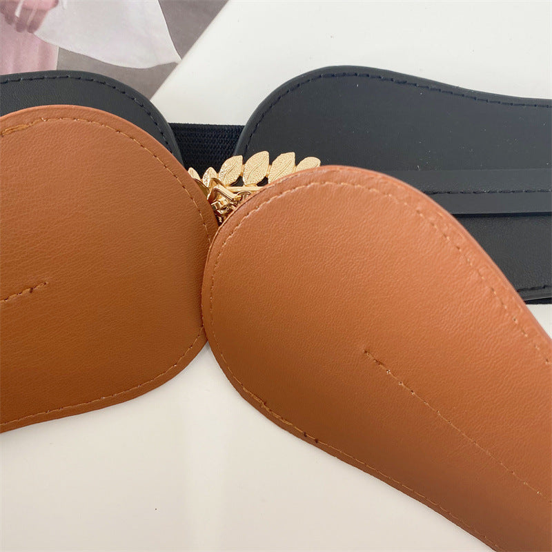 Synthetic leather wide stretch belt with leaves buckles