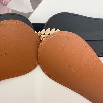 Synthetic leather wide stretch belt with leaves buckles