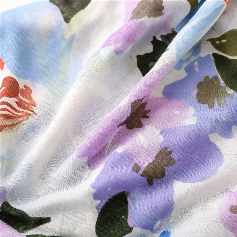 Wet paint large flowers printed scarf with tassels