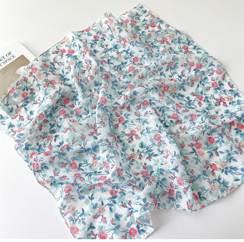 Aqua blue country flowers print square scarf