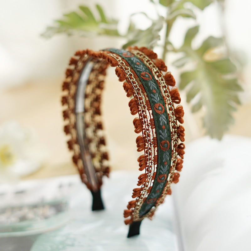 Boho style embroidered floral lace edged headband
