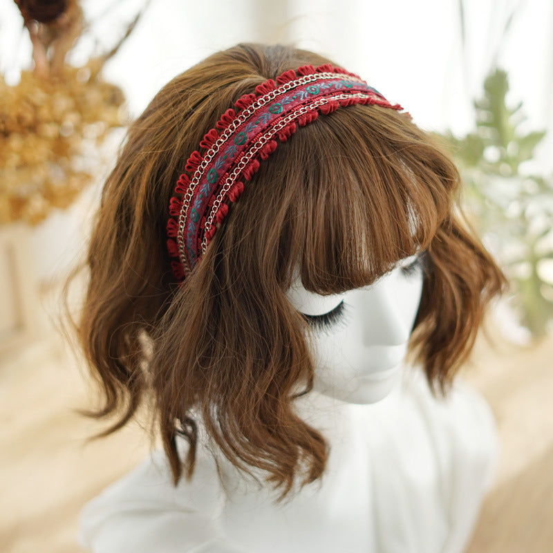 Boho style embroidered floral lace edged headband