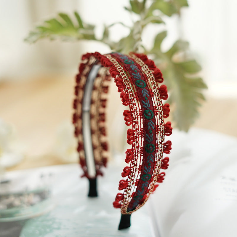 Boho style embroidered floral lace edged headband