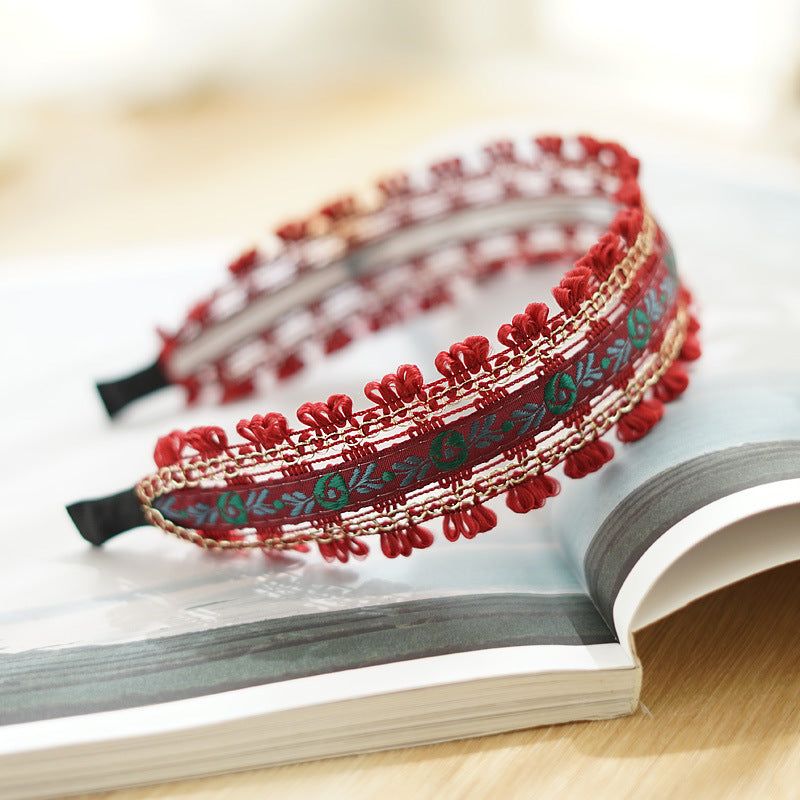 Boho style embroidered floral lace edged headband