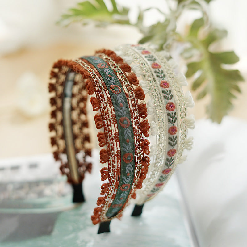 Boho style embroidered floral lace edged headband