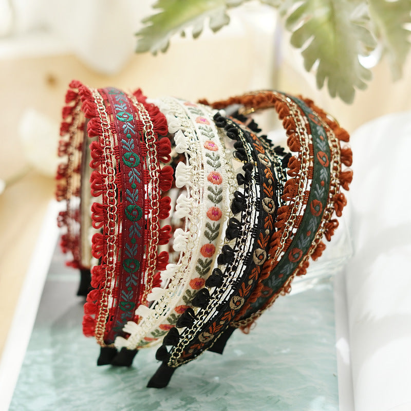 Boho style embroidered floral lace edged headband