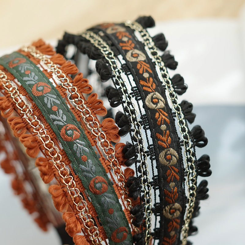 Boho style embroidered floral lace edged headband