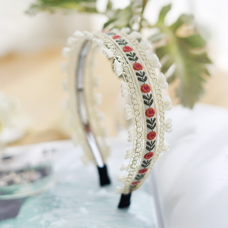 Boho style embroidered floral lace edged headband