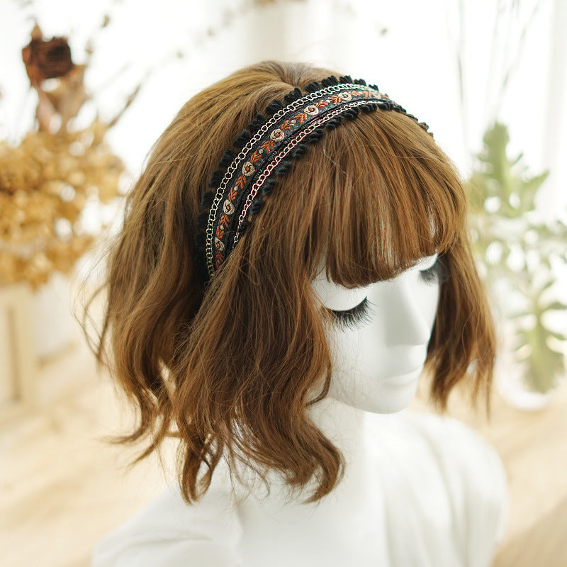 Boho style embroidered floral lace edged headband