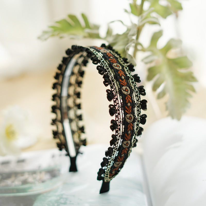 Boho style embroidered floral lace edged headband