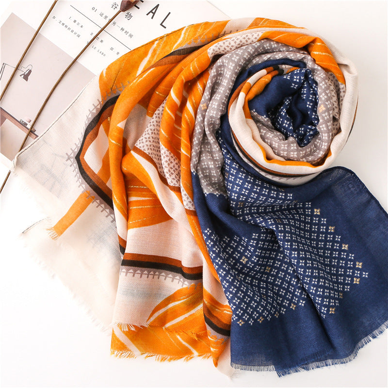 Gold stamped orange yellow leaves print navy grey fringed scarf