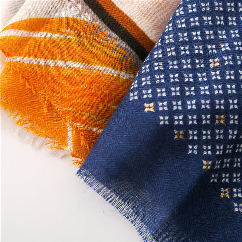 Gold stamped orange yellow leaves print navy grey fringed scarf