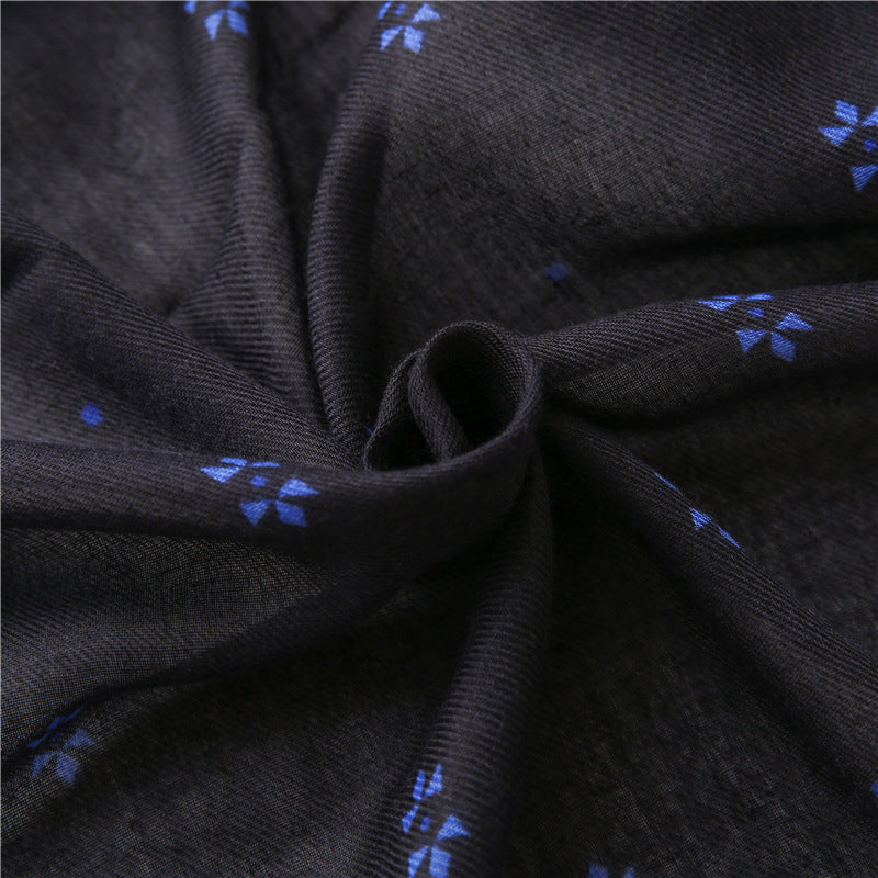 Black royal blue geometric prints square scarf with beads tassels