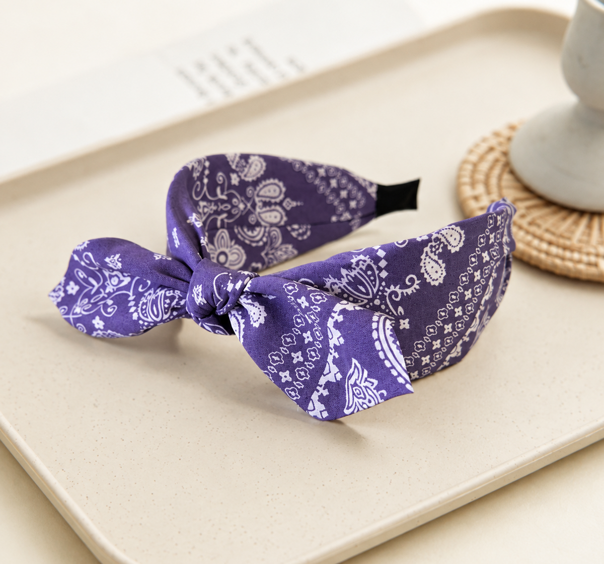 Paisley print headband with bow