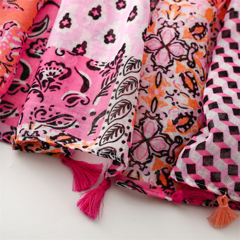 Multipatterned pink long scarf with tassels