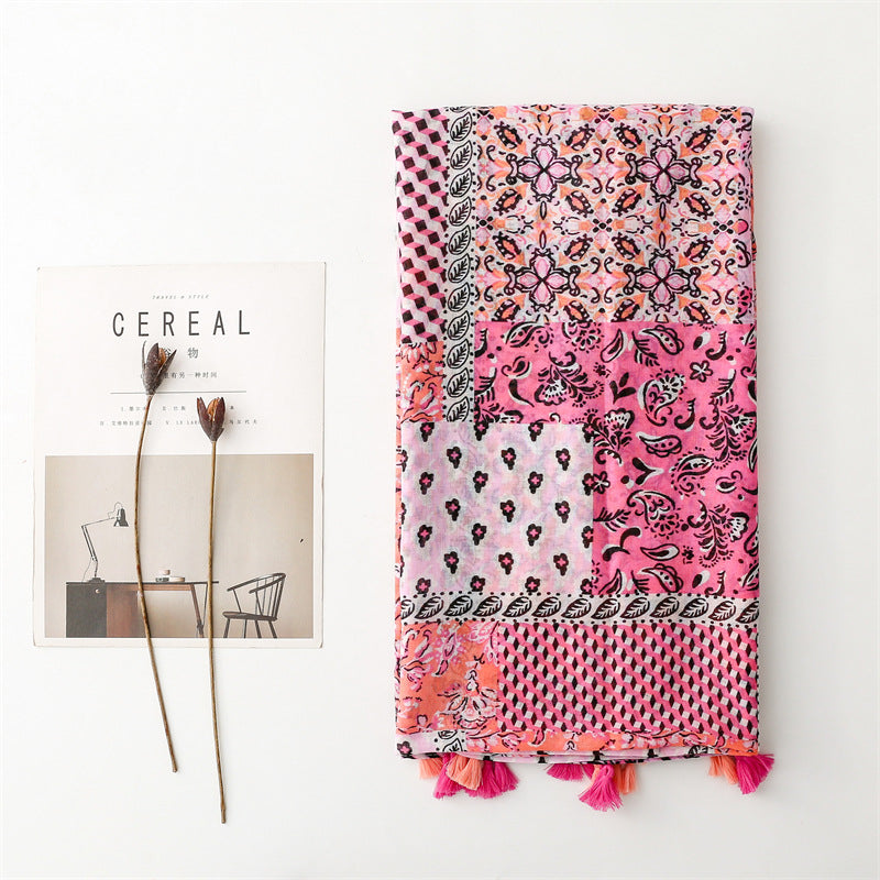 Multipatterned pink long scarf with tassels