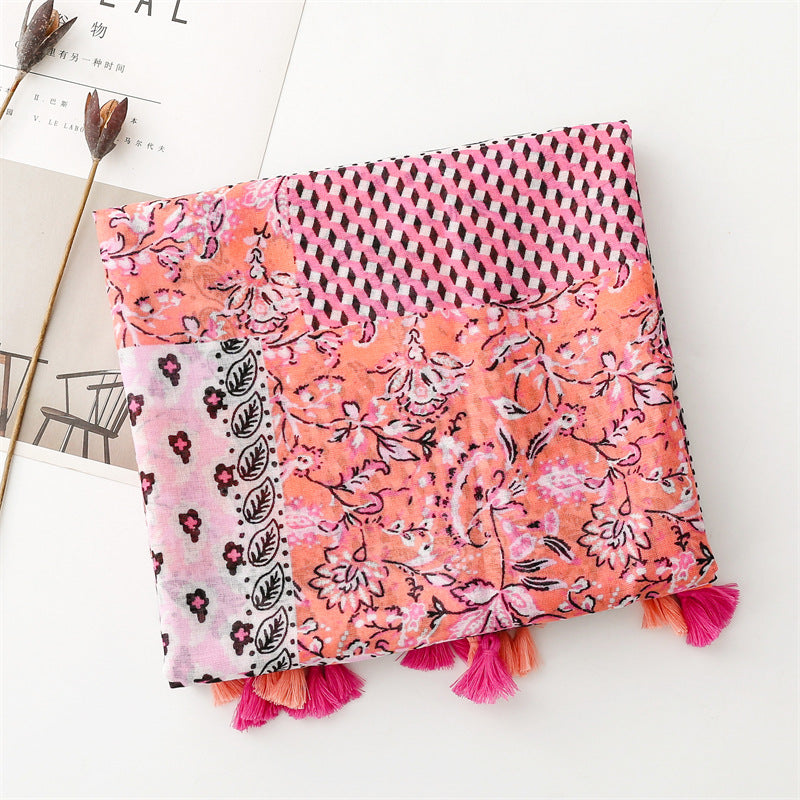 Multipatterned pink long scarf with tassels
