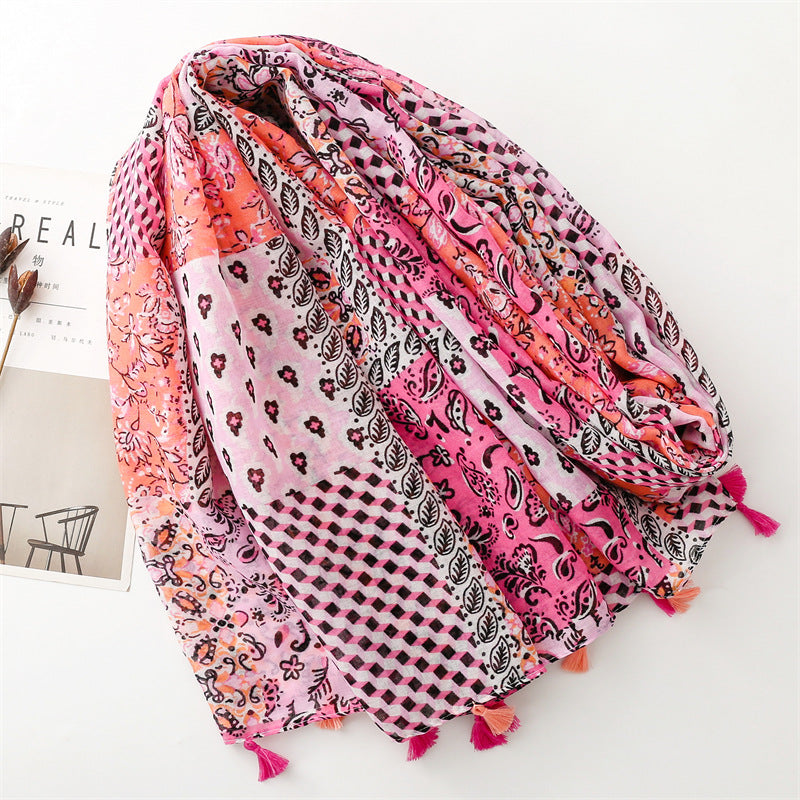 Multipatterned pink long scarf with tassels