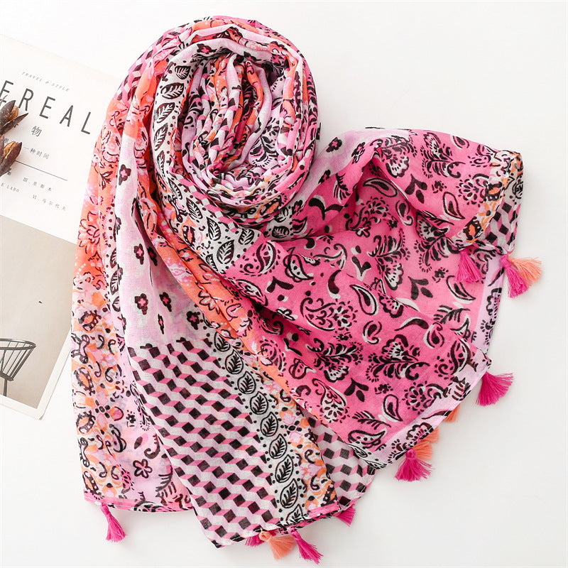 Multipatterned pink long scarf with tassels