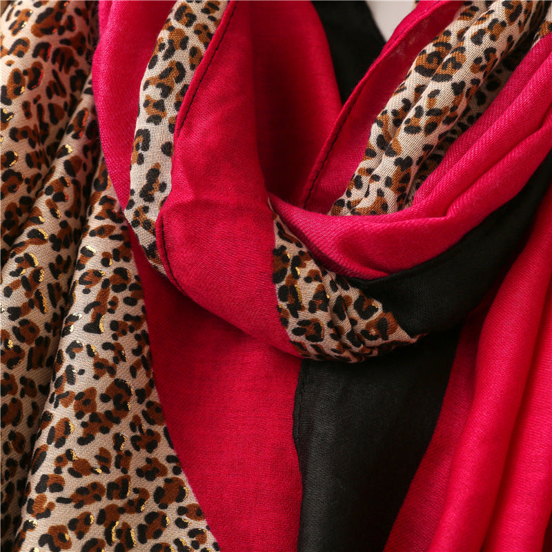 Mixed hot stamped leopard print fringed scarf