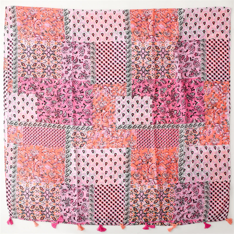 Multipatterned pink long scarf with tassels