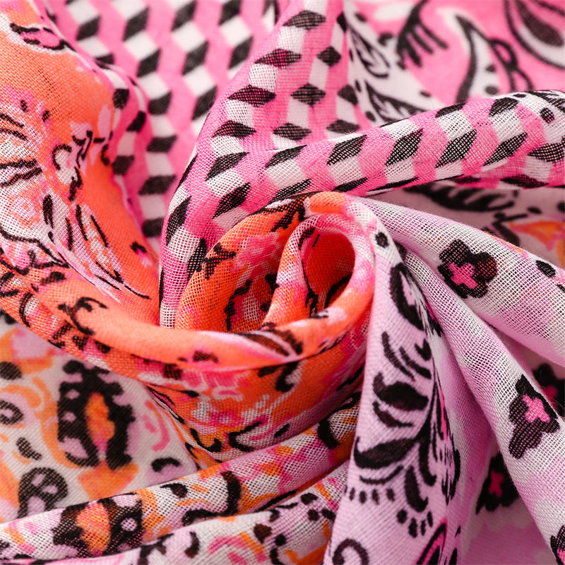 Multipatterned pink long scarf with tassels