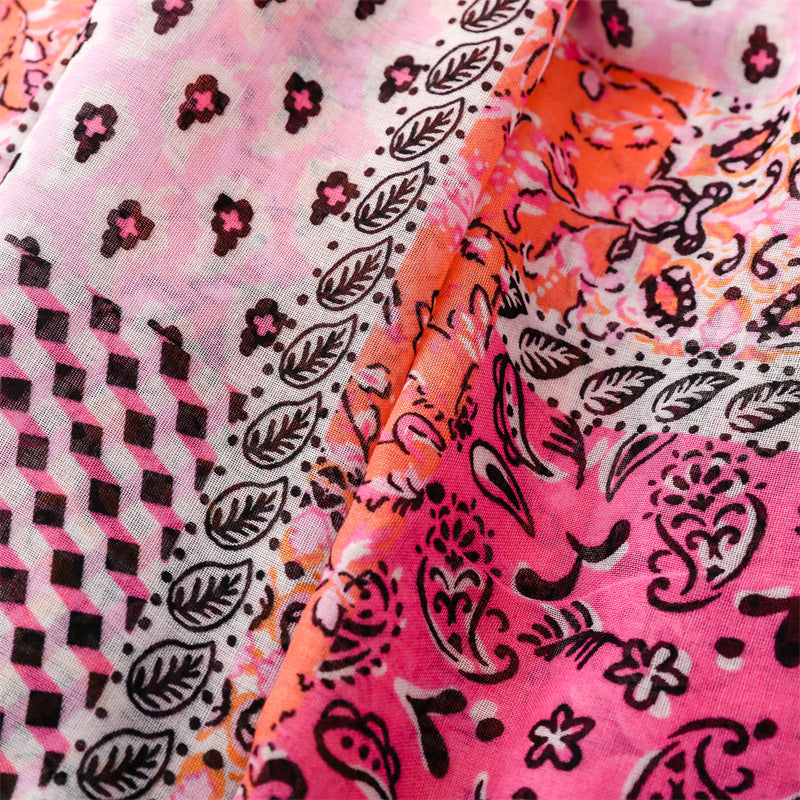 Multipatterned pink long scarf with tassels