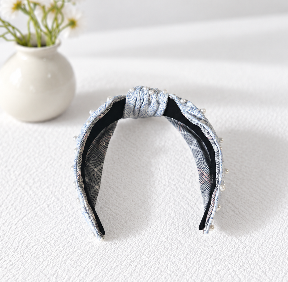 Pearl-embellished blue tweed headband