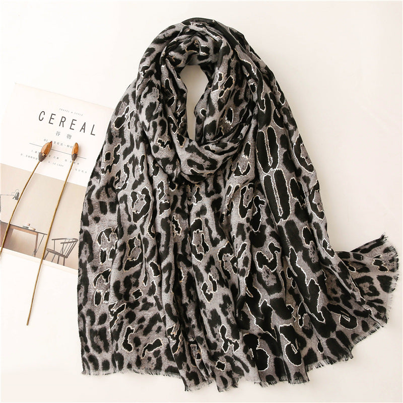 Hot stamped large leopard print fringed scarf