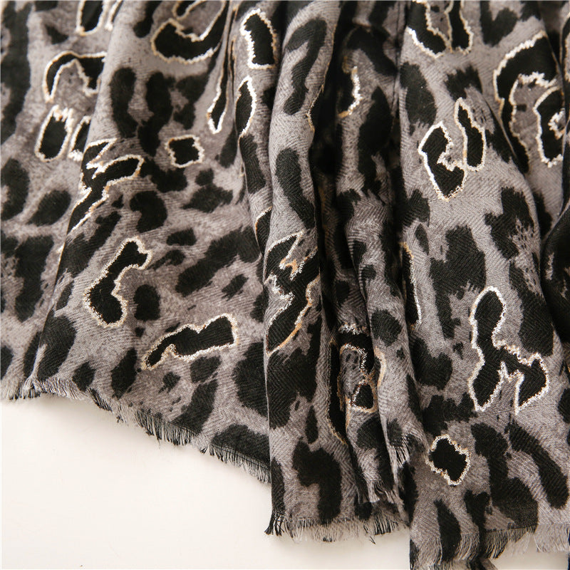 Hot stamped large leopard print fringed scarf