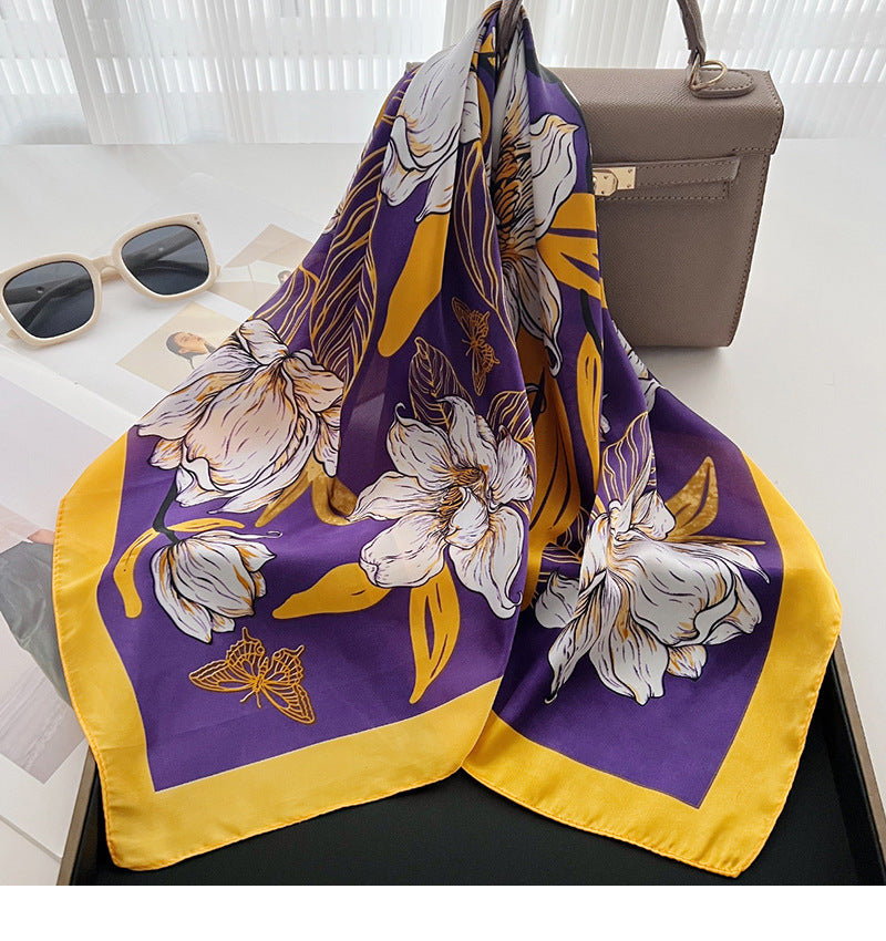 Purple gold floral square scarf