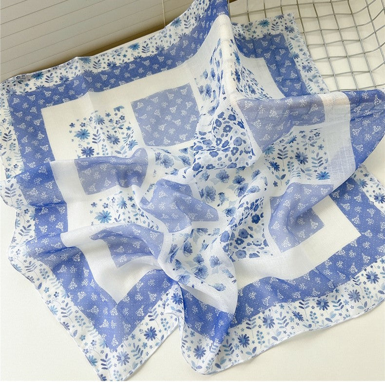 Floral print square scarf in china blue