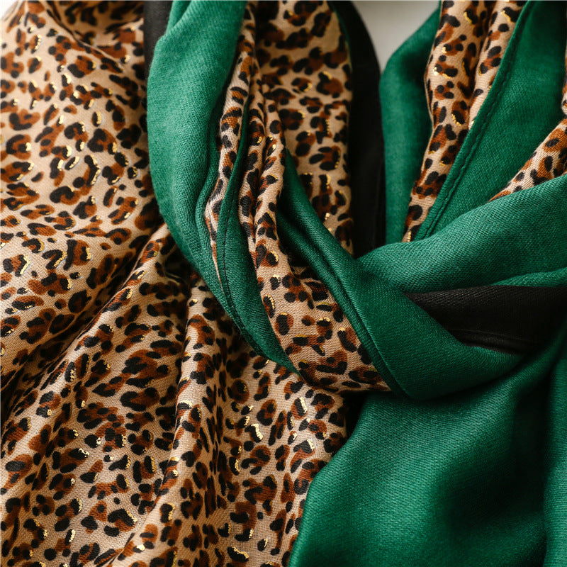 Mixed hot stamped leopard print fringed scarf