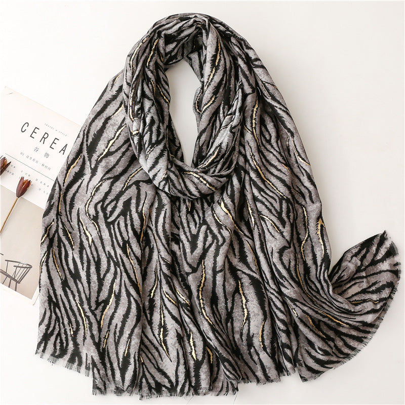 Hot stamped zebra print fringed scarf