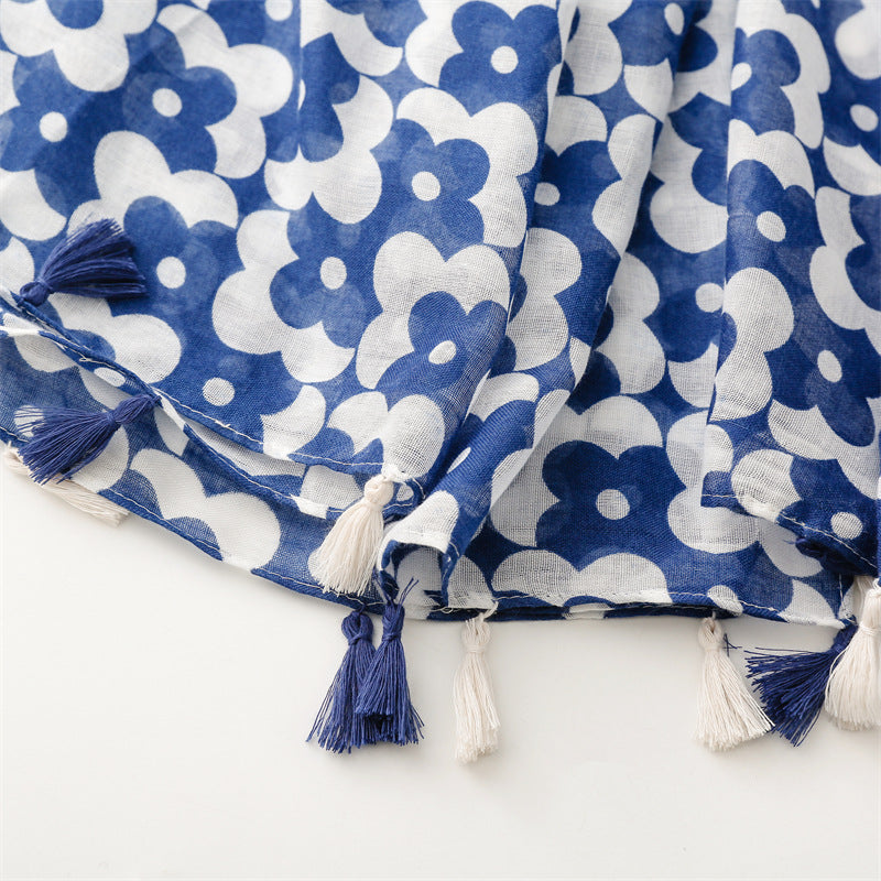Blue white floral print long scarf with tassels