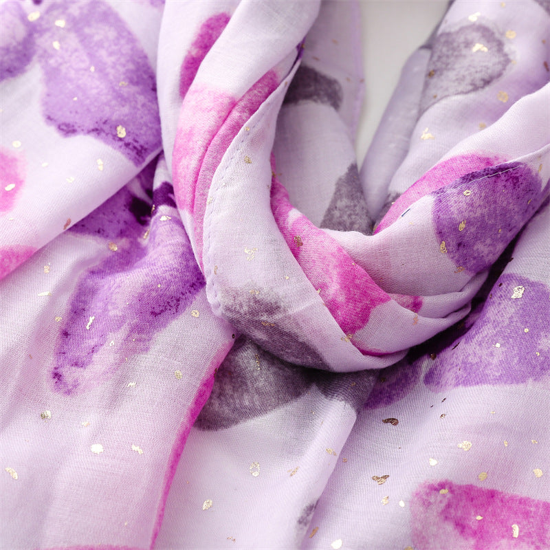 Gold stamped pink fuchsia large flowers print fringed scarf