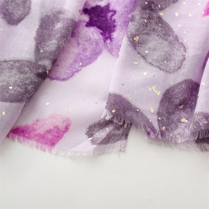 Gold stamped pink fuchsia large flowers print fringed scarf