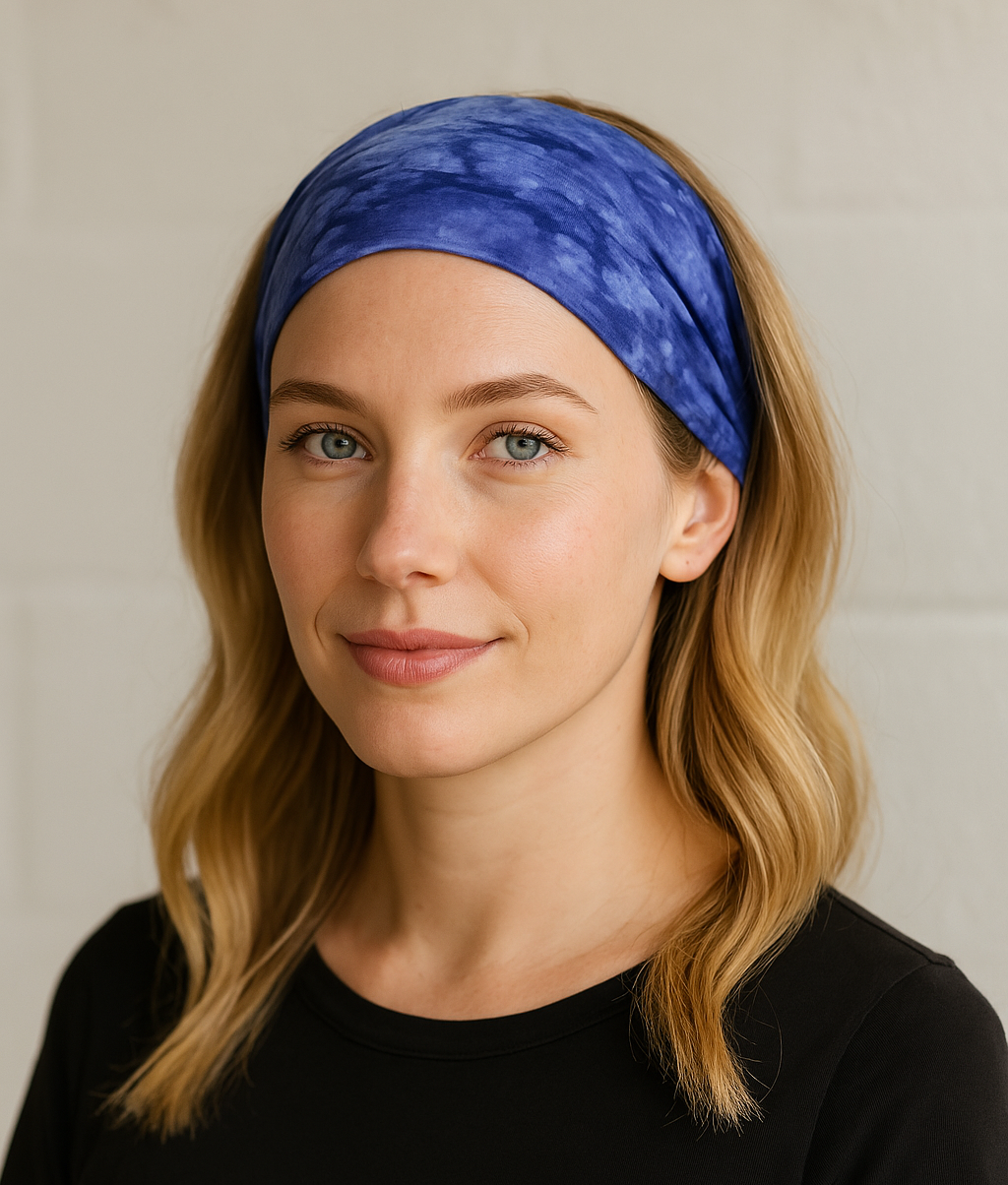 Blue tie-dye extra wide bandanna headband