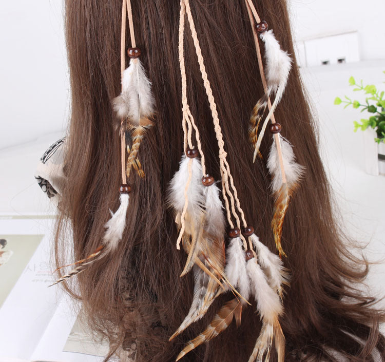 Multi-layer braided suede band with brown feathers