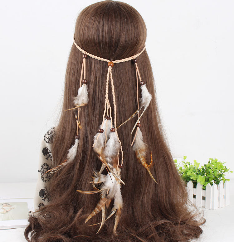 Multi-layer braided suede band with brown feathers