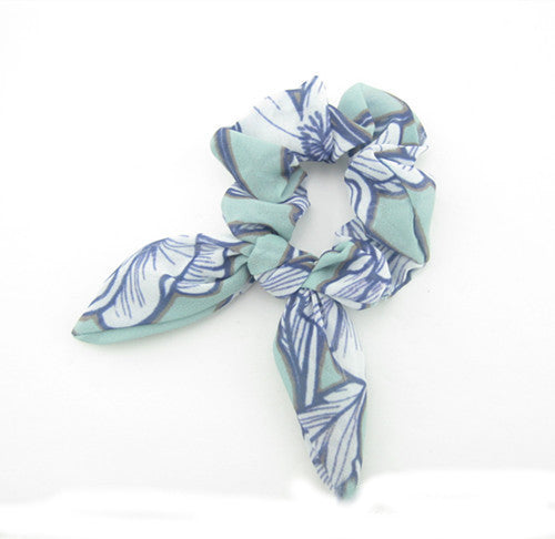 Light green blue floral scrunchy with bow