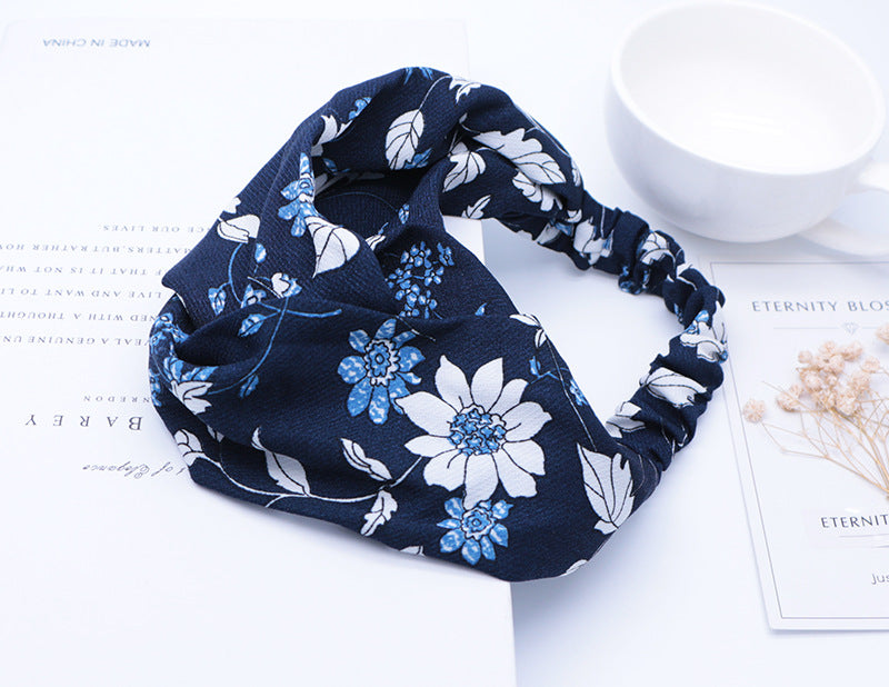 Kids floral chiffon elastic headband in Navy