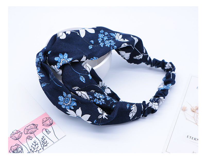Kids floral chiffon elastic headband in Navy