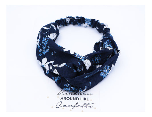 Kids floral chiffon elastic headband in Navy