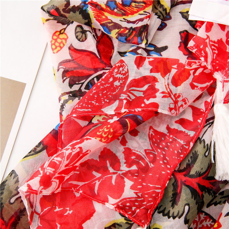 Red floral printed square scarf with white tassels