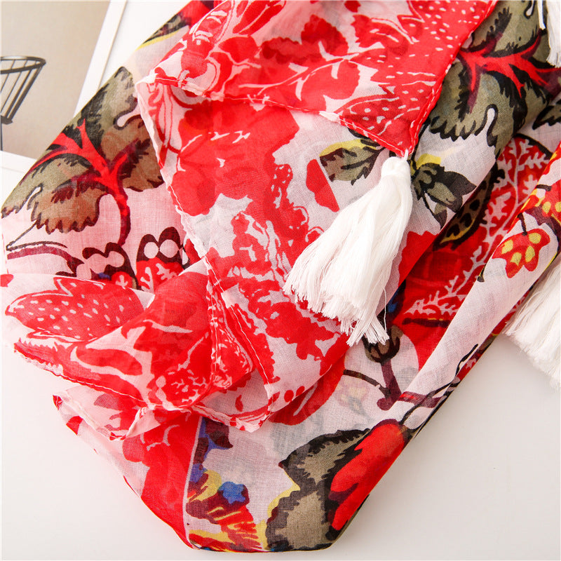 Red floral printed square scarf with white tassels
