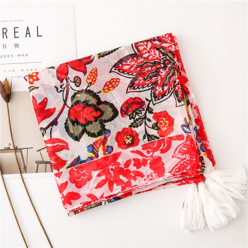 Red floral printed square scarf with white tassels