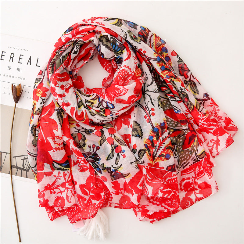 Red floral printed square scarf with white tassels