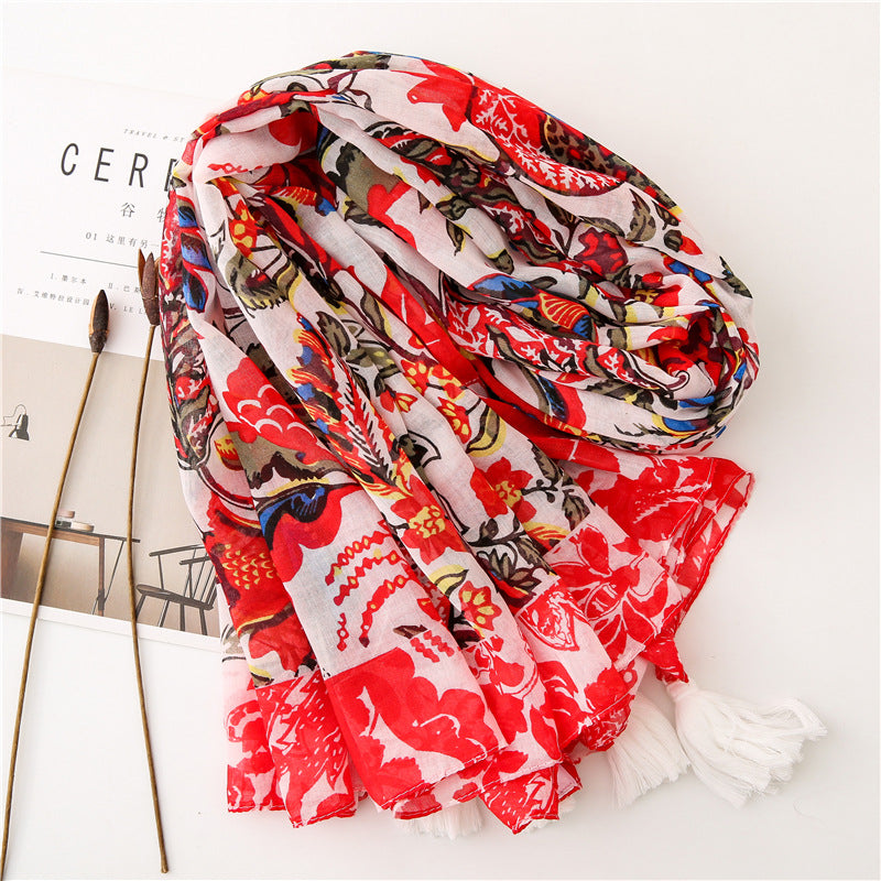 Red floral printed square scarf with white tassels