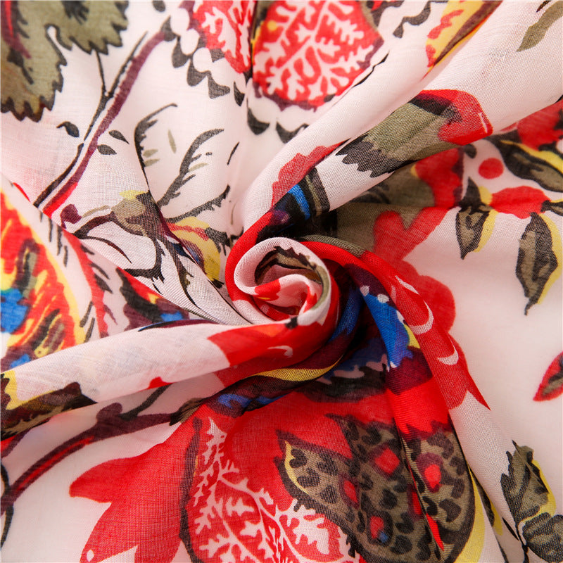 Red floral printed square scarf with white tassels